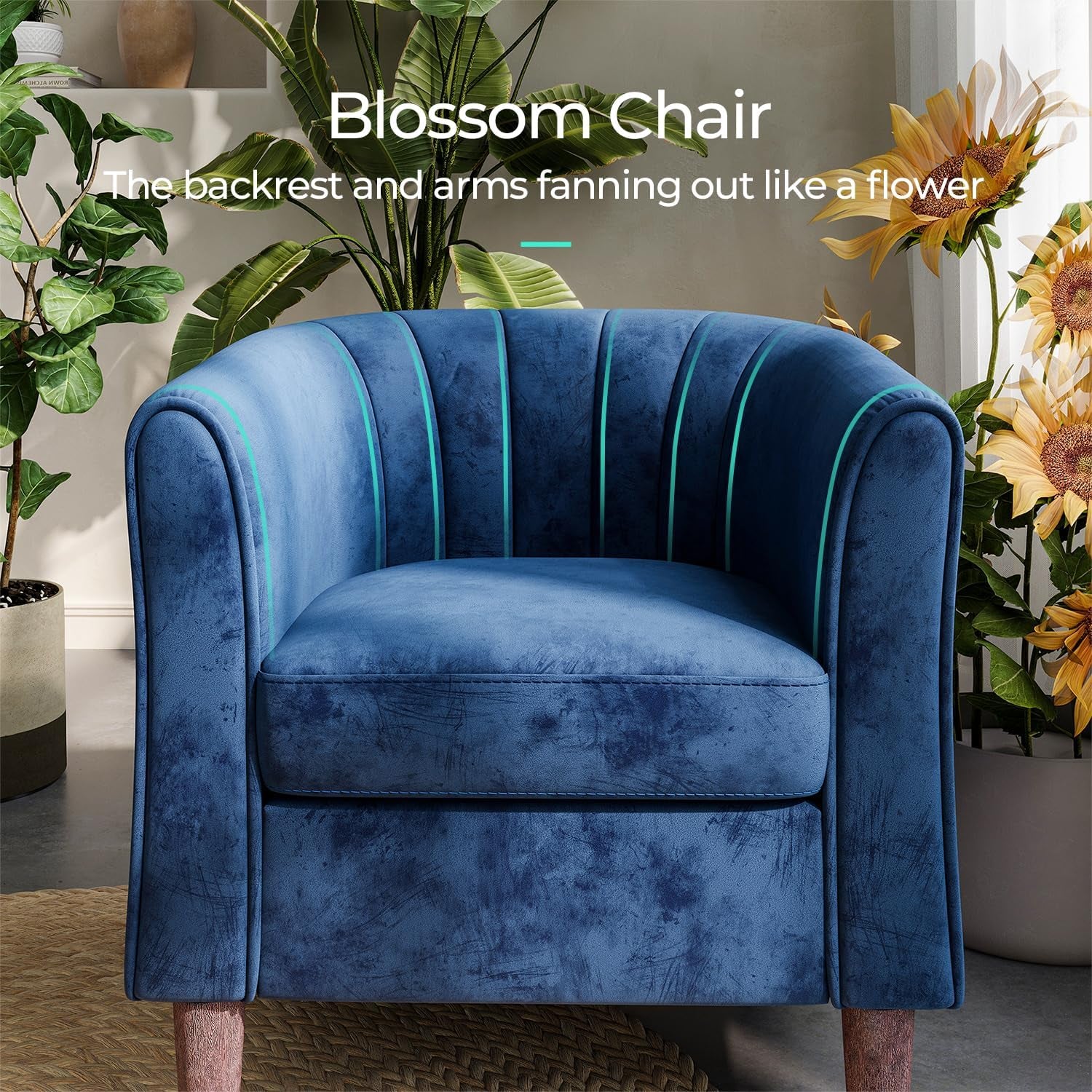 Accent Chair with Ottoman, Modern Armchair Comfy Barrel Reading Chair with Footrest for Living Room Bedroom Reading Room, Velvet, Blue