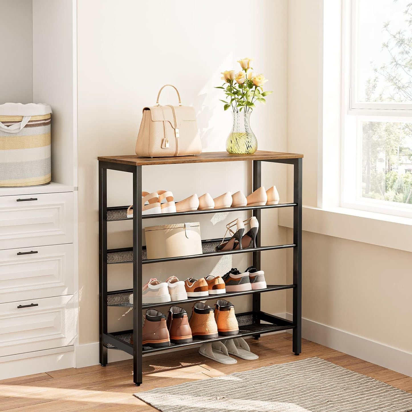 Shoe Rack, 5-Tier Shoe Storage Unit Flat & Slant Adjustable Shoe Organizer Shelf for 16 Pairs, Durable and Stable, for Entryway, Hallway, Closet, Dorm Room, Industrial, Rustic Brown BF01XJ01