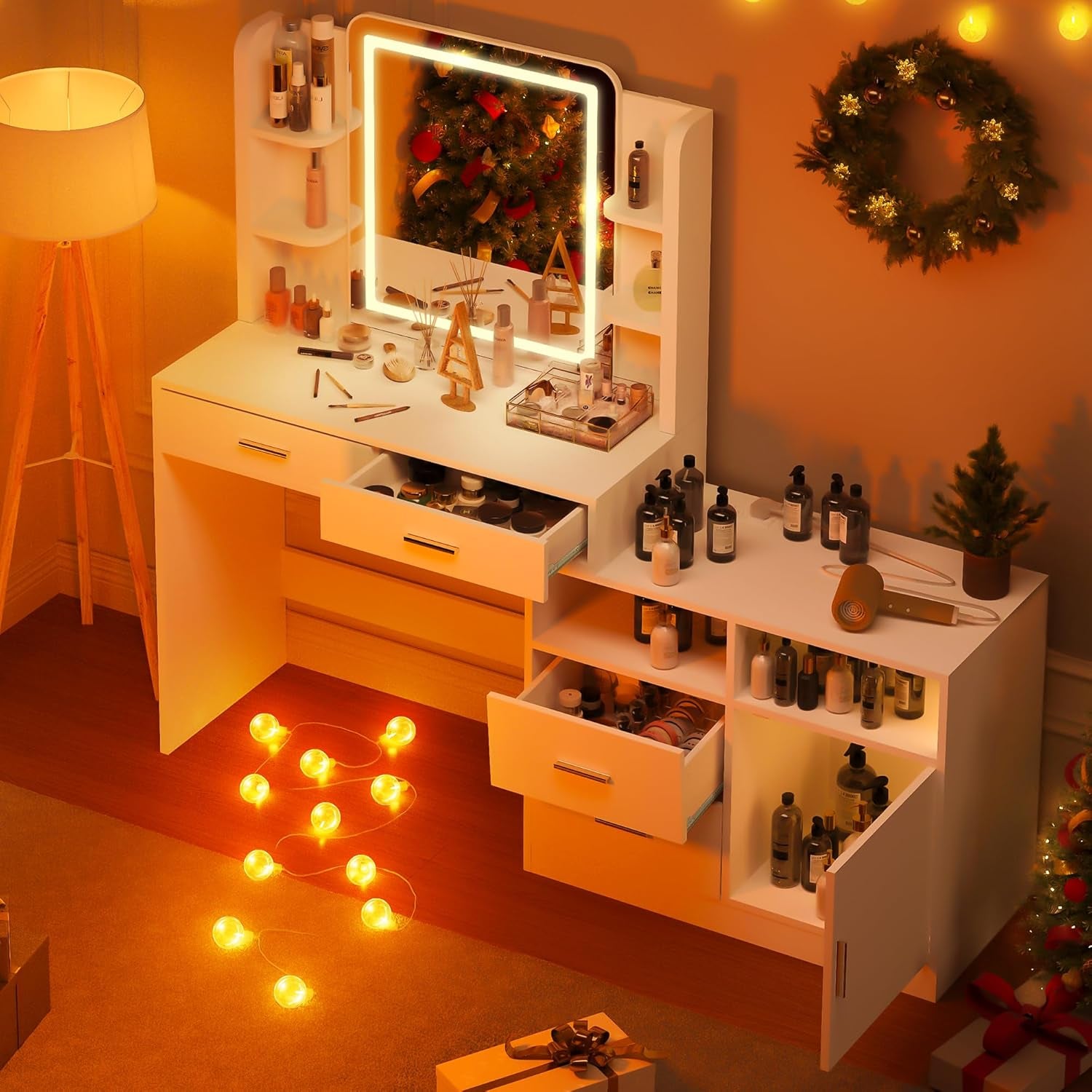 Vanity Desk with Mirror and Lights, 13 Storage Makeup Vanity with 4 Drawers and 8 Shelves, 62" Large Dresser Dressing Table with Power Outlet, 3 Lighting Modes, Silent Slides, White