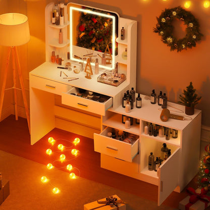 Vanity Desk with Mirror and Lights, 13 Storage Makeup Vanity with 4 Drawers and 8 Shelves, 62" Large Dresser Dressing Table with Power Outlet, 3 Lighting Modes, Silent Slides, White