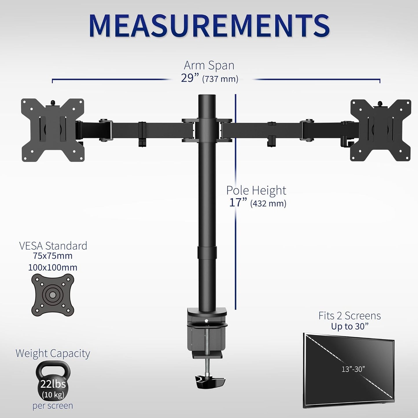 Dual Monitor Desk Mount, Holds 2 Computer Screens up to 30 Inches and 22Lbs Each, Heavy Duty Fully Adjustable Steel Stand with C-Clamp and Grommet, Black, STAND-V002