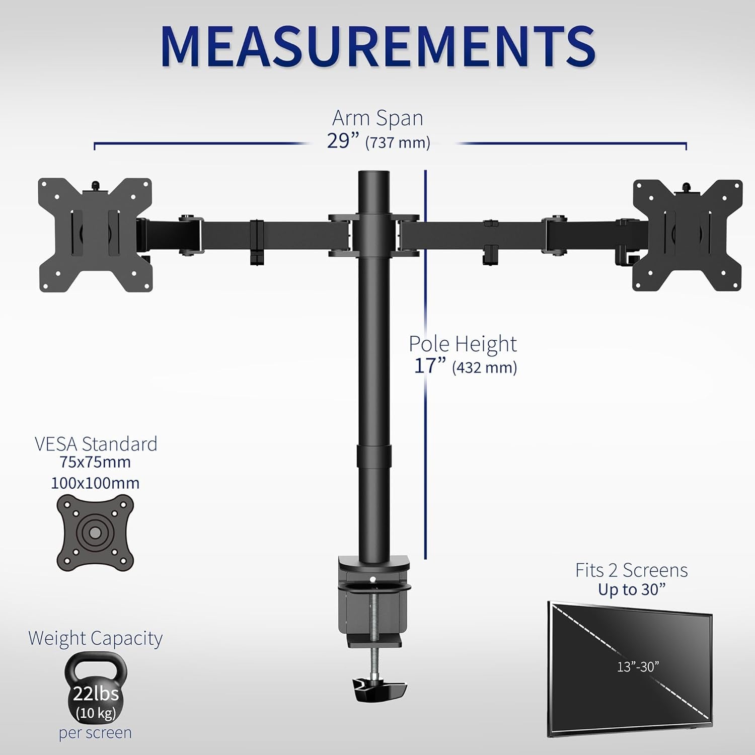 Dual Monitor Desk Mount, Holds 2 Computer Screens up to 30 Inches and 22Lbs Each, Heavy Duty Fully Adjustable Steel Stand with C-Clamp and Grommet, Black, STAND-V002