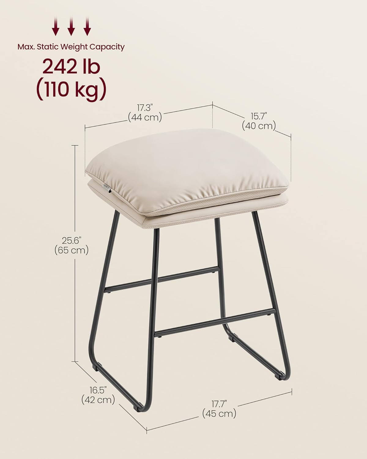 Bar Stools Set of 2, Counter Height Bar Stools, Leather Counter Stools Barstools with Soft Cushion and Metal Sled Legs, 25.6 Inches Bar Height Bar Chairs for Kitchen Island, Cappuccino Beige