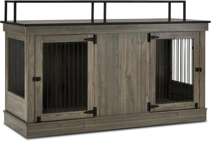 Large Dog Crate Furniture TV Stand, Wooden Pet Kennel with Double Doors, Indoor Furniture Style Dog House End Table, 1861 (Brown)