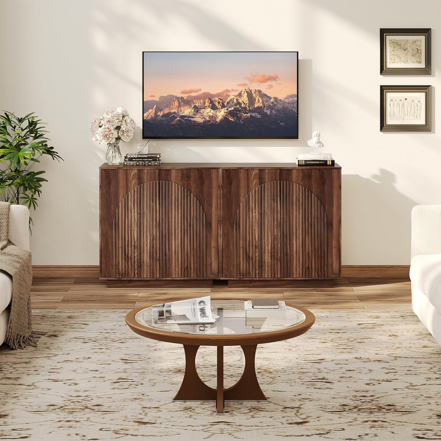 Buffet Cabinet, Sideboard Buffet Cabinet with Storage, Coffee Bar Cabinet, Push-To-Open Doors & Adjustable Internal Shelf, Buffet Table for Kitchen, Dining Room, Walnut MCB01HT