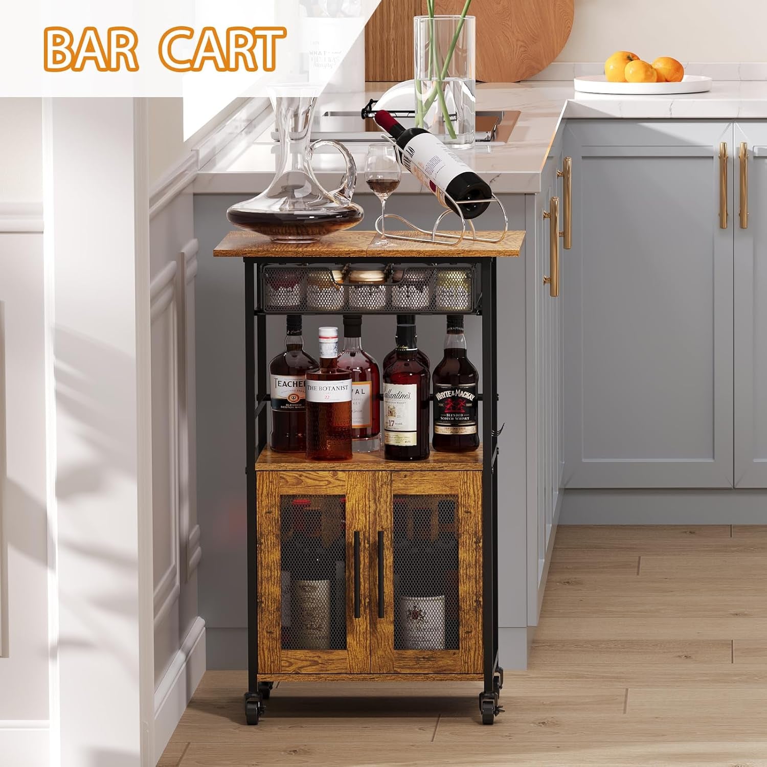 3 Tier Rolling Coffee Cart with 2-Door & Pull-Out Wire Basket Drawer, Movable Coffee Bar Cabinet on Lockable Casters, 32.7" H Microwave Cart with Storage for Home, Kitchen, Dining Room (Rustic Brown)
