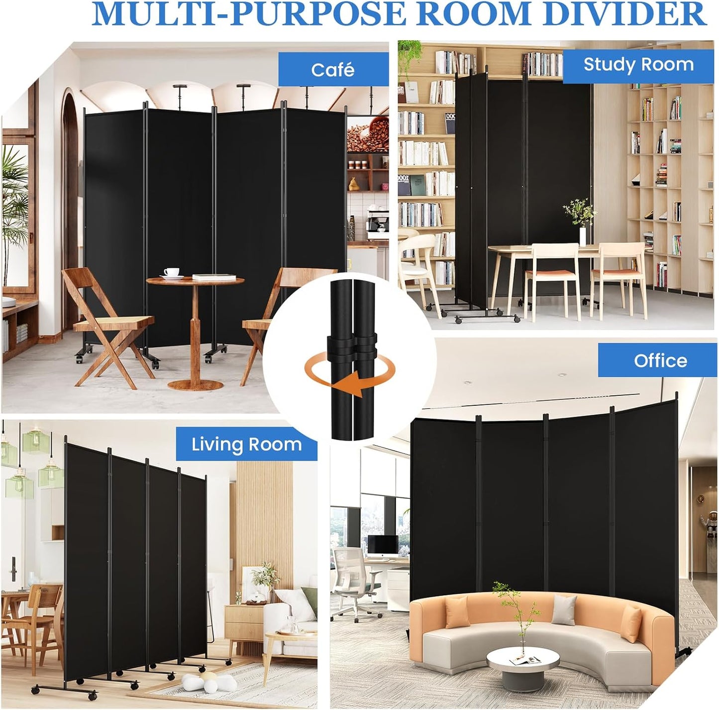 Room Divider 6FT Folding Privacy Screens with Lockable Wheels, 4 Panel Room Partition for Room Separator, 88" W Freestanding Portable Fabric Wall Dividers for Home Dorm Studio Office, Black