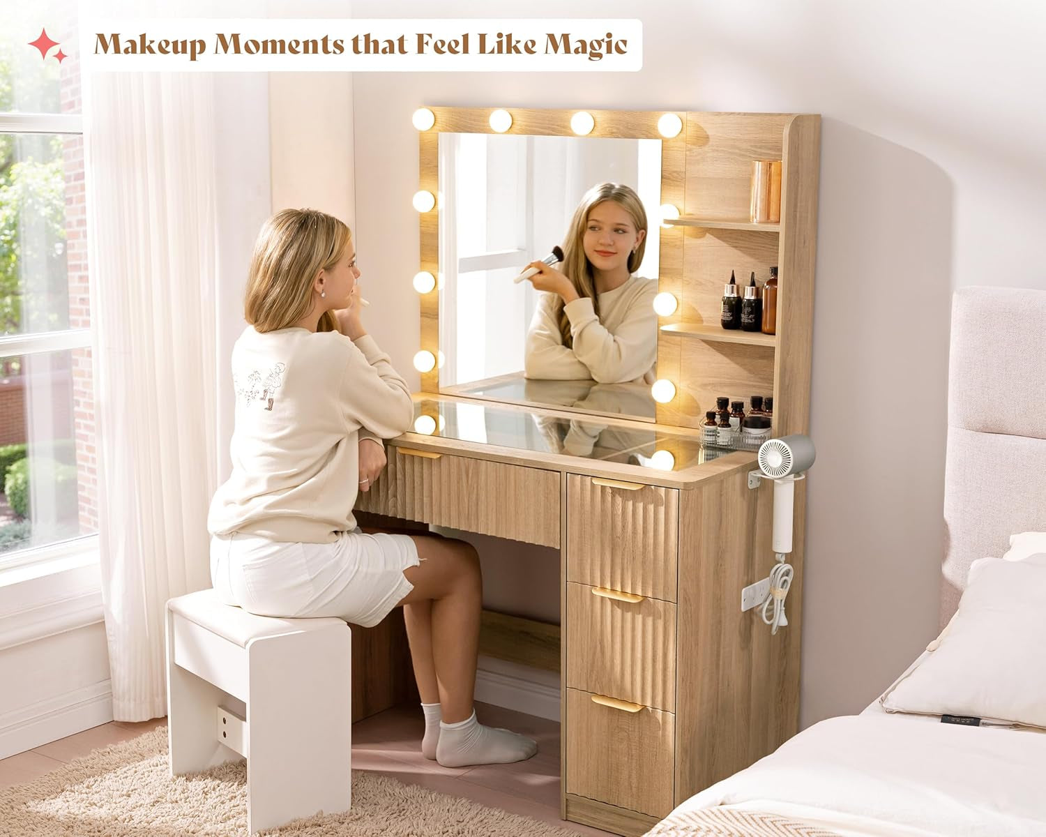 36.2" Fluted Vanity Desk with Mirror and Adjustable LED Lights, Large 4 Drawers Makeup Table with Glass Top and Charging Station for Women and Girls, Bedroom or Dorm, Natural Oak