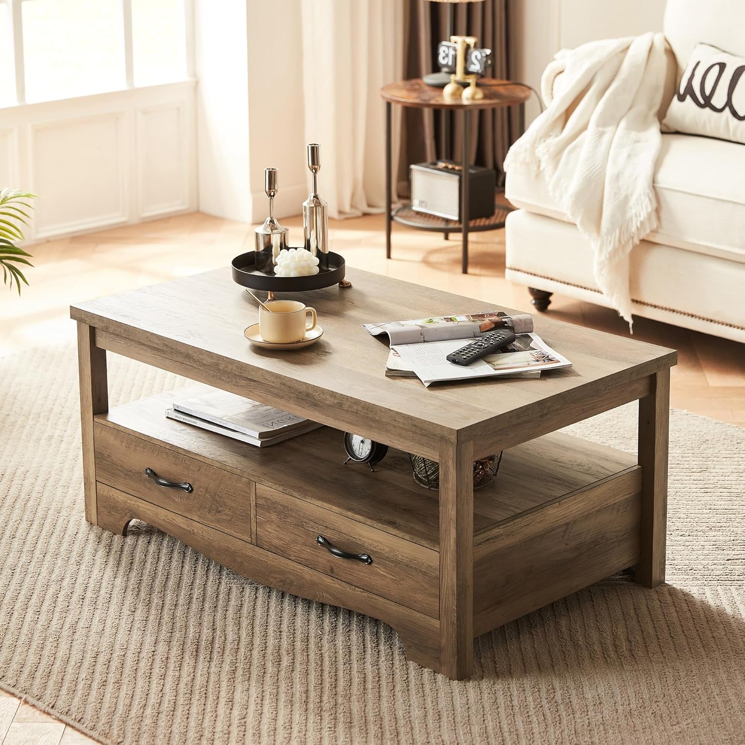 Farmhouse Coffee Table with Storage, Wood Coffee Table for Living Room, Open Display Area and Storage Drawers with Metal Handles, Chic Style with Curved Base, Brown