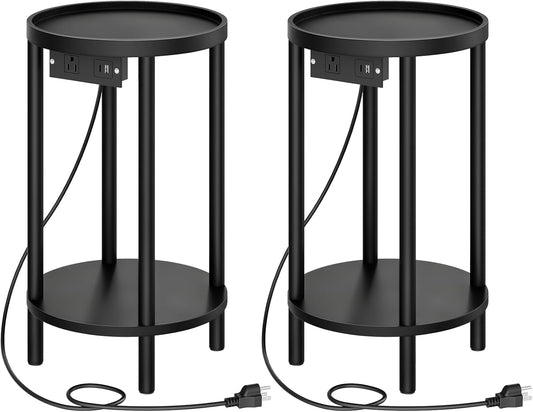 Set of 2 Small round Side Tables with Charging Station, 2-Tier round Bamboo End Tables, Easy Assembly, for Living Room, Bedroom, Apartment, Black BB156UBZP201