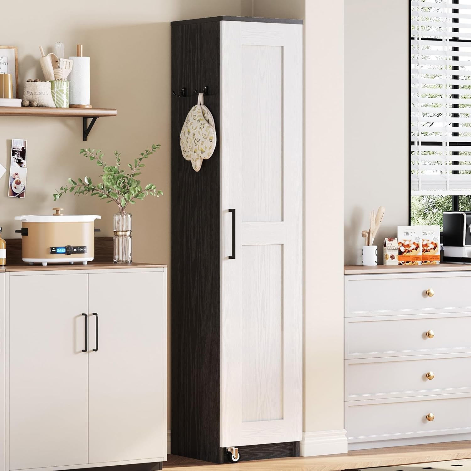 Small Kitchen Pantry Cabinet 72" for Narrow Space, with Single Door and Adjustable Shelves, Freestanding Tall Storage Cabinet for Living Room, Bathroom, Black and White