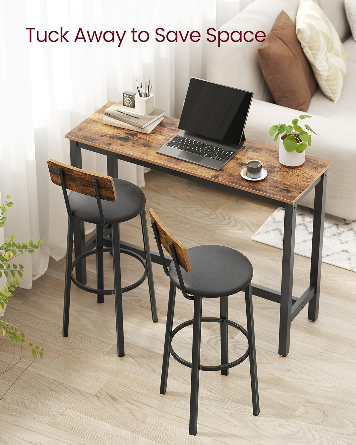 Bar Stools, Set of 2 PU Upholstered Breakfast Stools, 29.7 Inches Barstools with Back and Footrest, Simple Assembly, for Dining Room Kitchen Counter Bar, Rustic Brown and Black ULBC069B81