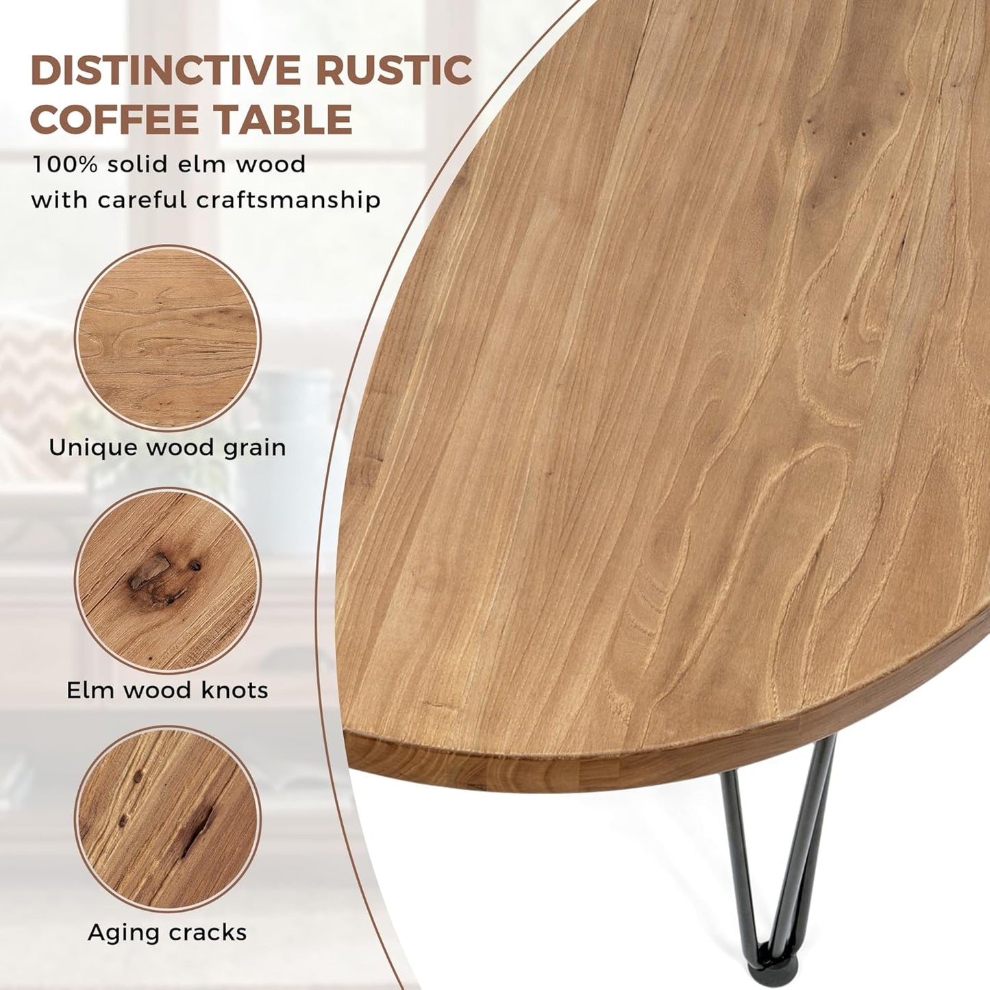 Rustic Wood round Coffee Table with Metal Legs, Solid Elm Wood Top and Non-Slip Feet Pads - Farmhouse Style for Living Room, Natural