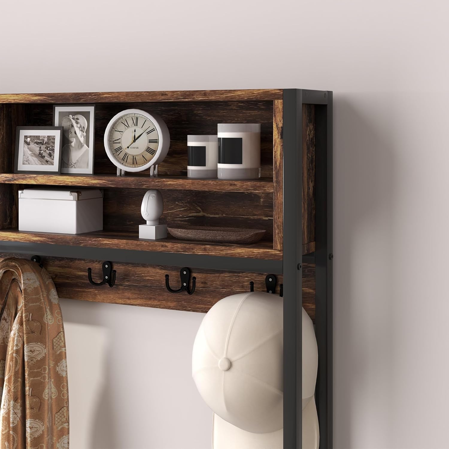 Hall Tree with Bench and Shoe Storage, 5-In-1 Entryway Bench with Coat Rack, 3 Storage Compartments, 5 Coat Hooks, 2 Fabric Drawers, Distressed Dark Brown
