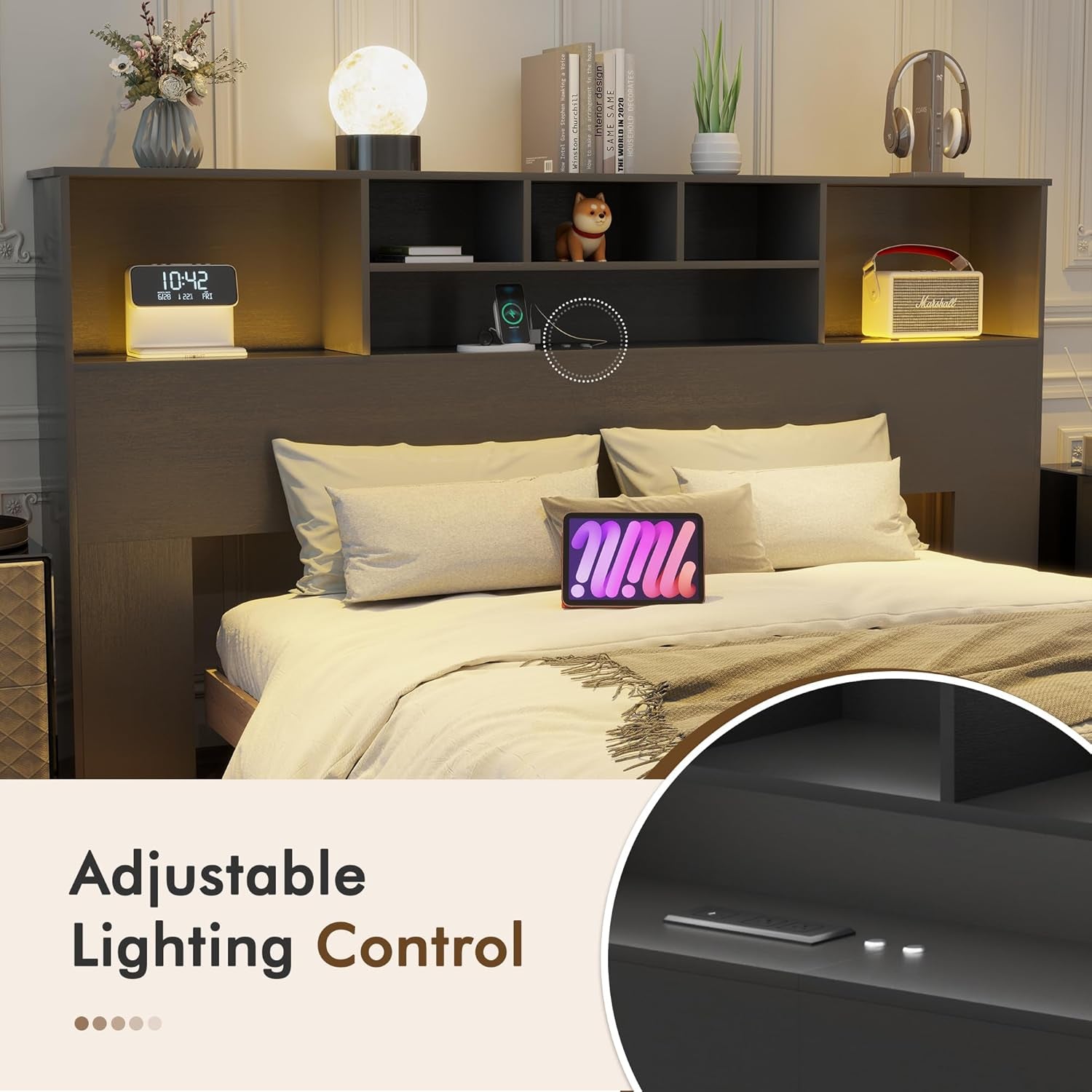 81" King Size Headboard Only, Black Storage Headboard with USB for King Size Bedroom, Wood Head Board with 2 LED Lights, Black Bookshelf