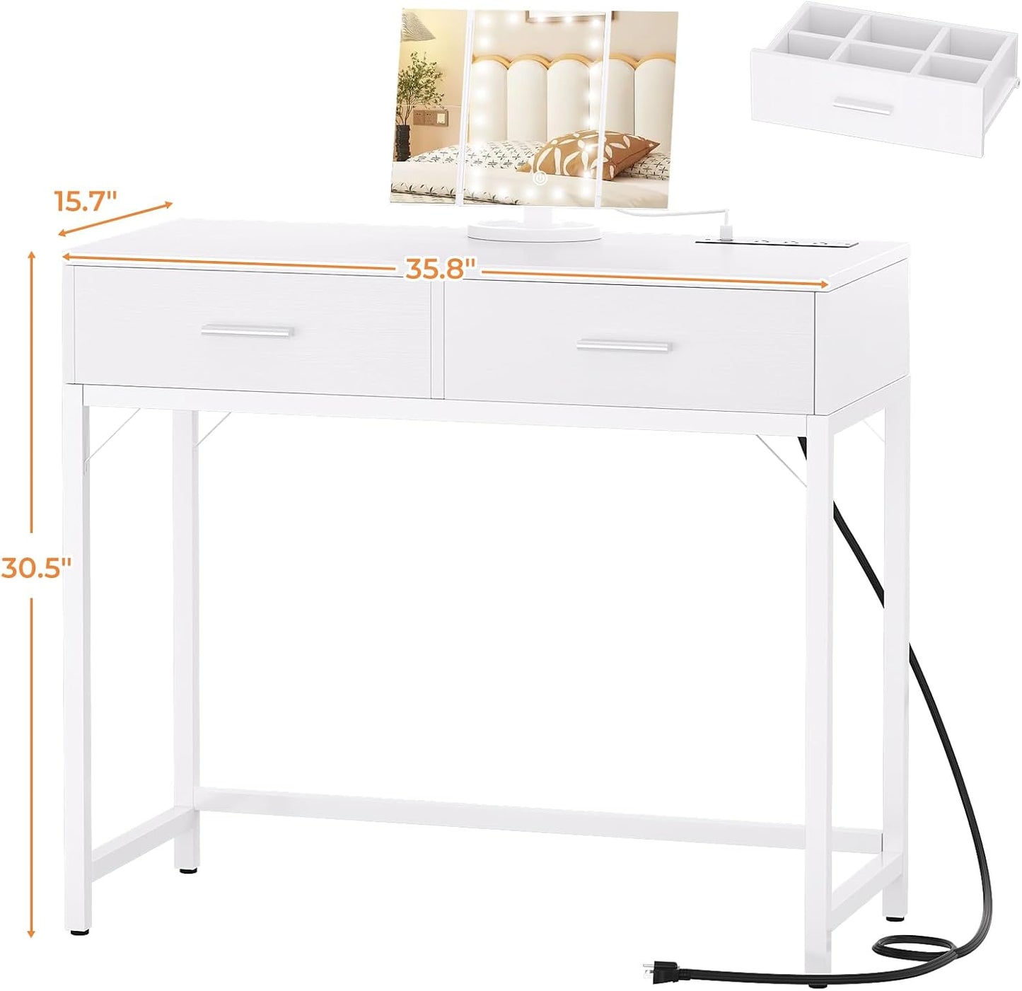 Vanity Desk with Mirror and Lights, 36'' Makeup Vanity Desk with Power Outlet, Small Vanities Set Dressing Table with Drawers for Bedroom, White