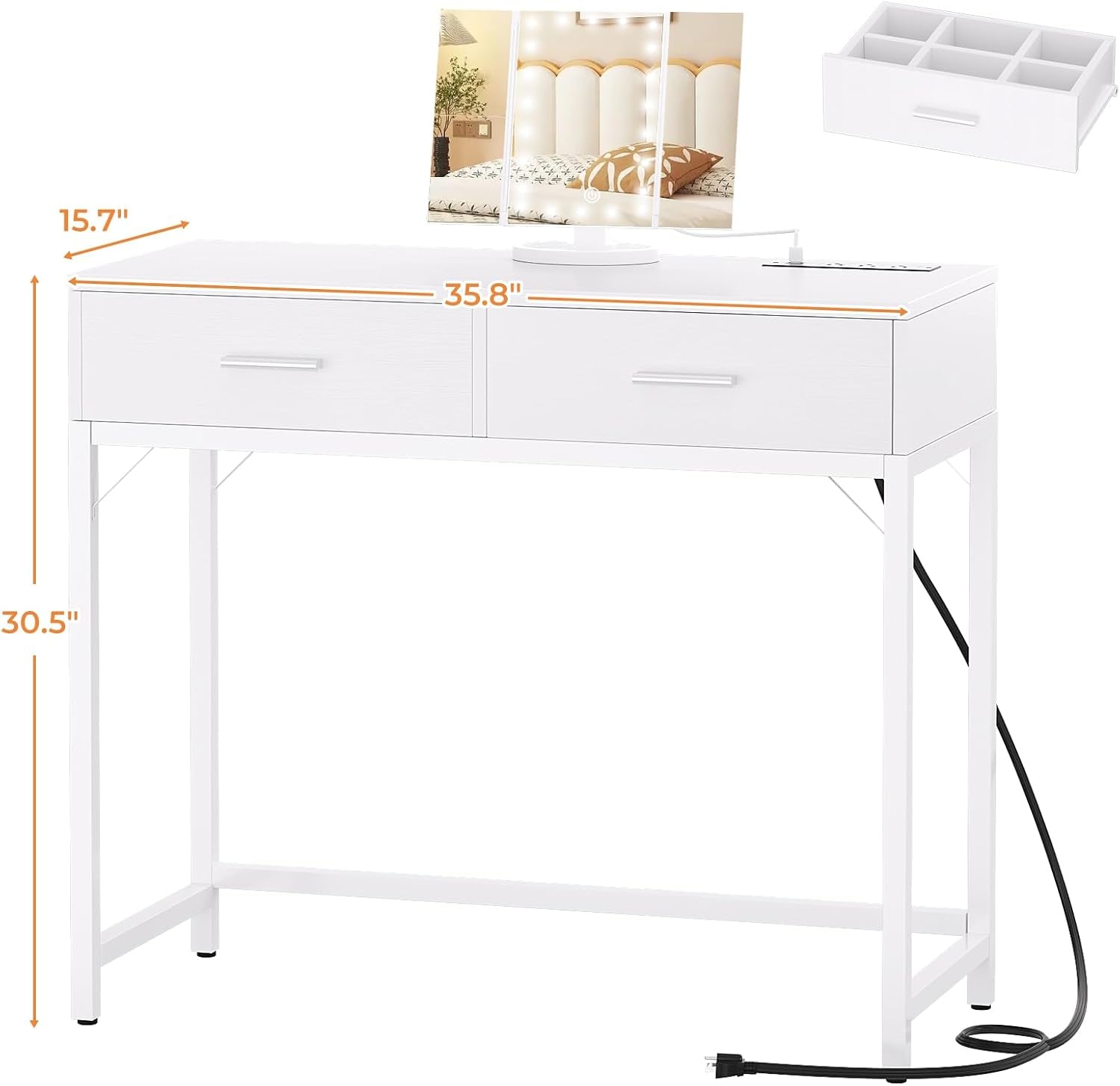 Vanity Desk with Mirror and Lights, 36'' Makeup Vanity Desk with Power Outlet, Small Vanities Set Dressing Table with Drawers for Bedroom, White