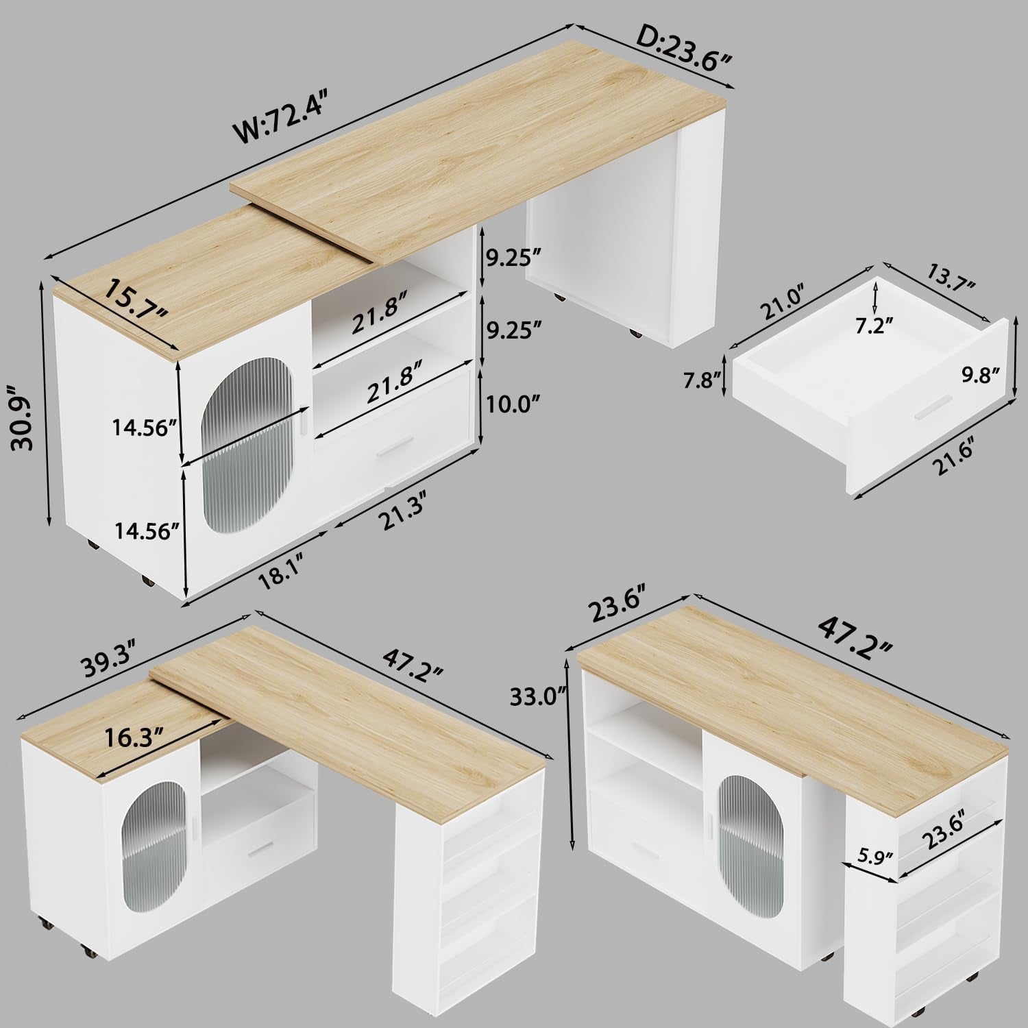 72.4” Rolling Kitchen Island with Swivel Table, Storage Cabinet, Drawers & Shelves, White Modern Mobile Island Cart on Wheels, Farmhouse Wood Island Table for Kitchen, Dining Room, Home Bar