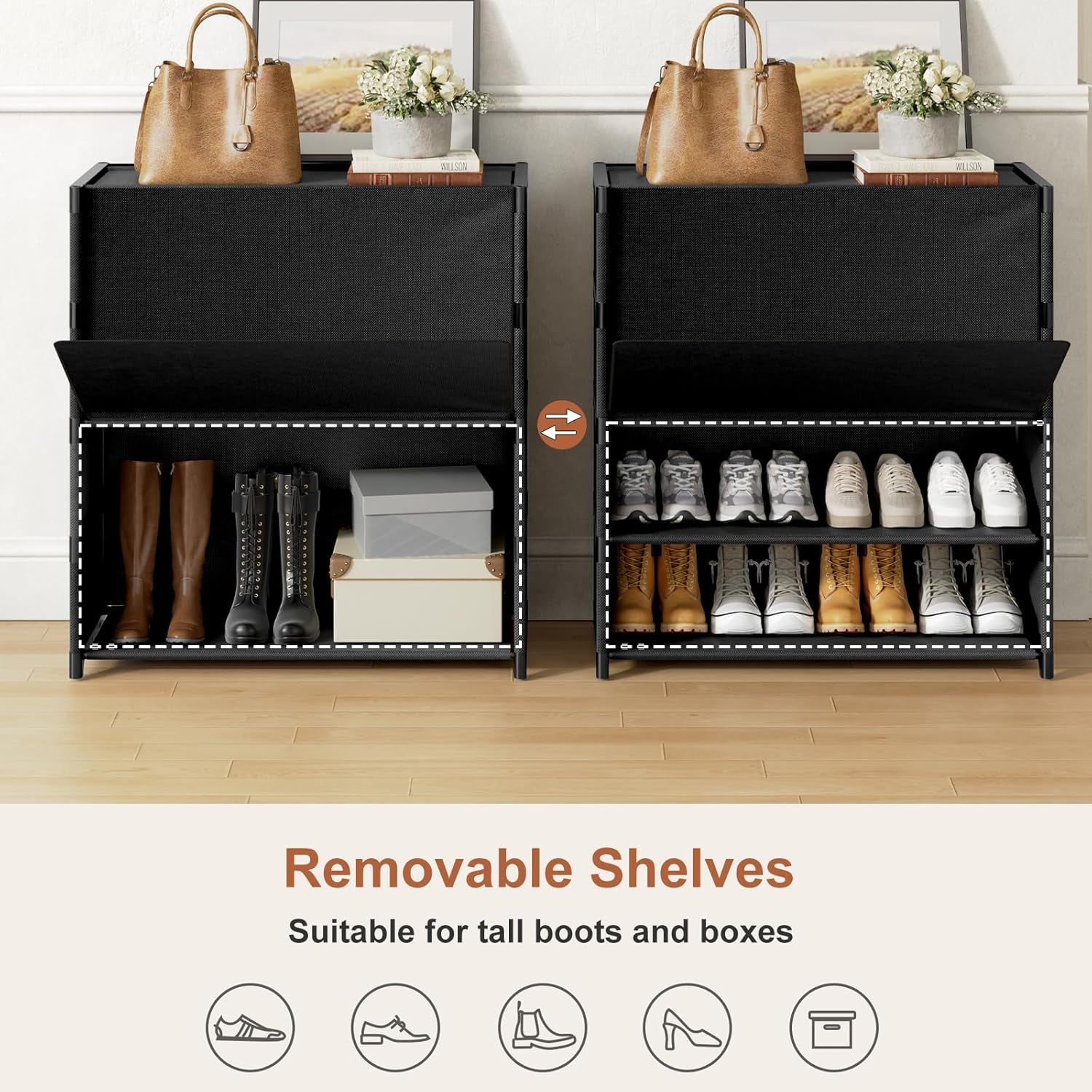 Shoe Rack, 5 Tier Shoe Storage Cabinet with Door 20 Pair Plastic Shoe Shelves Organizer for Closet, Entryway, Hallway, Bedroom, Black