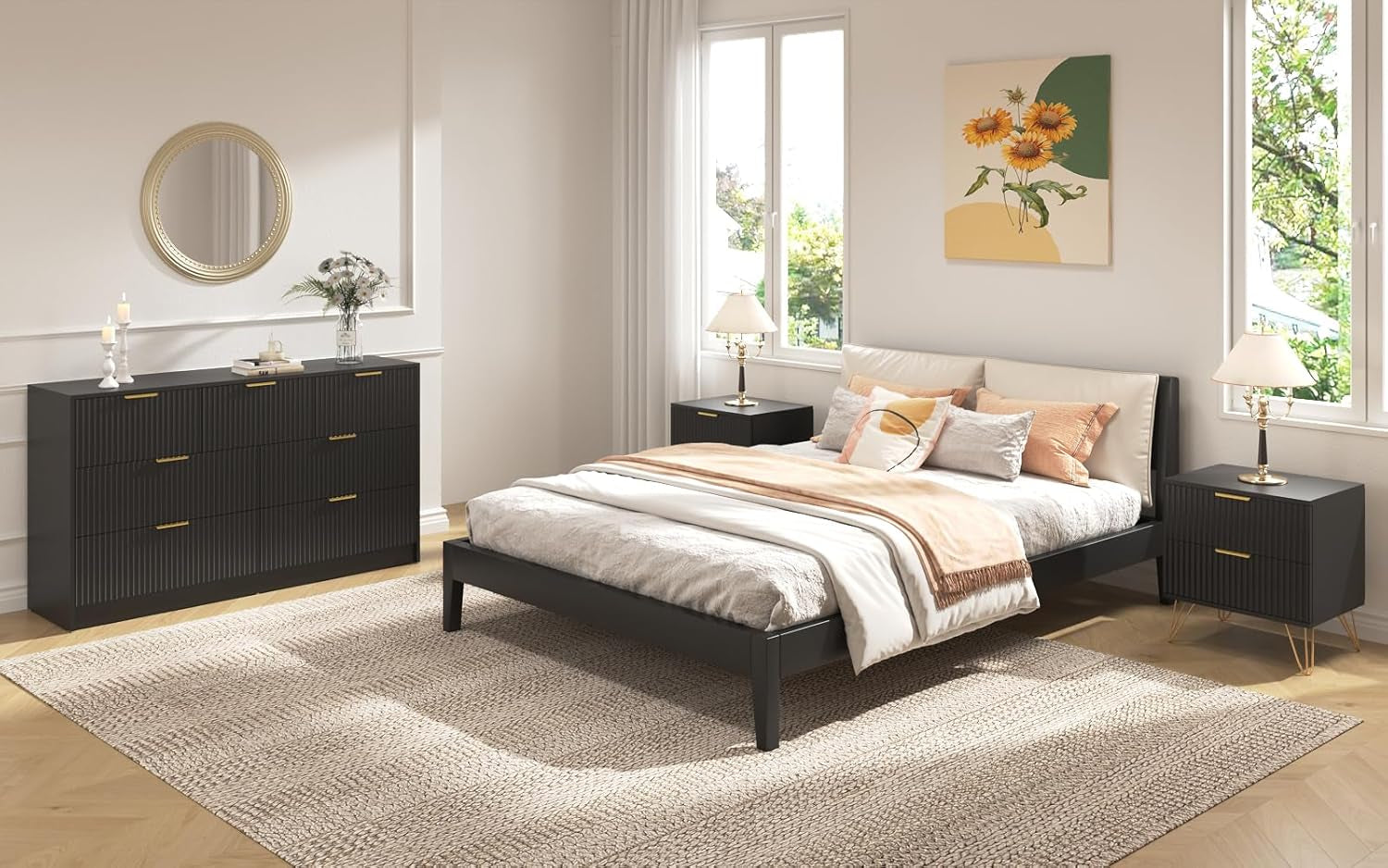Black Dresser and Nightstand Sets, 7 Drawer Dresser Set for Bedroom 3 Piece, 55” Wide Fluted Wood Dressers W/Metal Handle & Night Stand Set of 2, Modern Bedroom Furniture Sets, Black