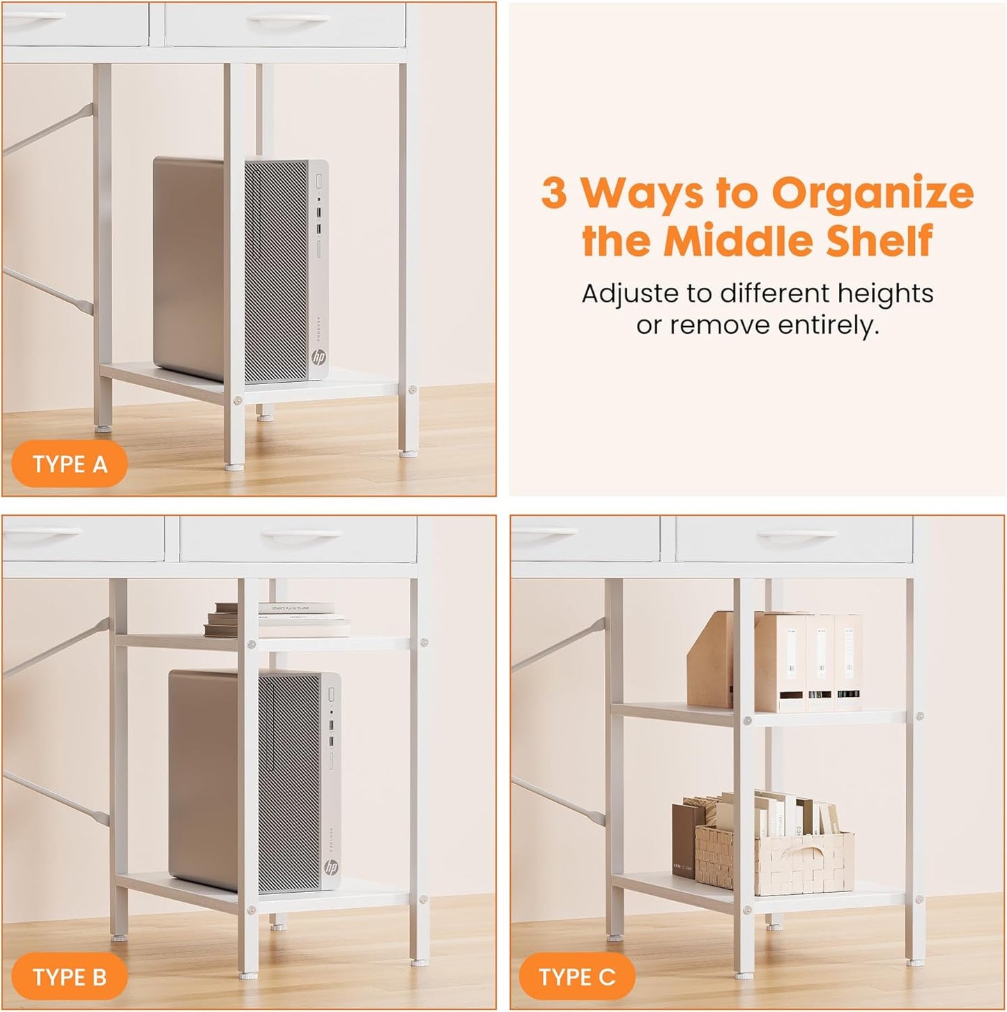 47" Computer Desk with 6 Drawers, Home Office Gaming Desks with Storage Shelves for Bedroom, Writing Study Corner Living Room Work Table White