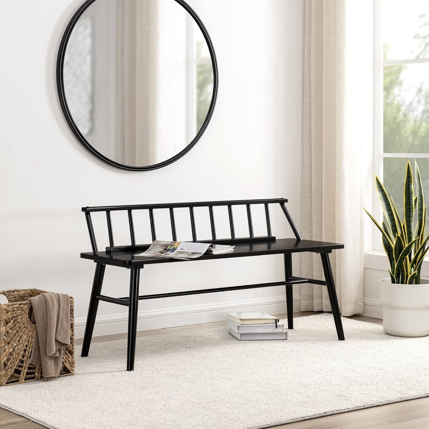 Lennon Boho Solid Wood Low Spindle-Back Bench, 47 Inch, Black