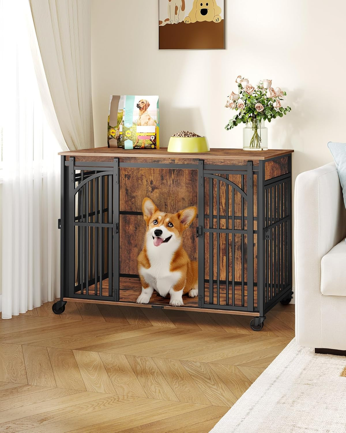 37.4" Dog Crate Furniture with Wheels, Wooden Pet Cage Indoor with Barn Door, L Dog Kennel Heavy Duty, Decorative Pet Crate for Small/Medium Dogs, End Table TV Stand, Rustic Brown DFC86201B