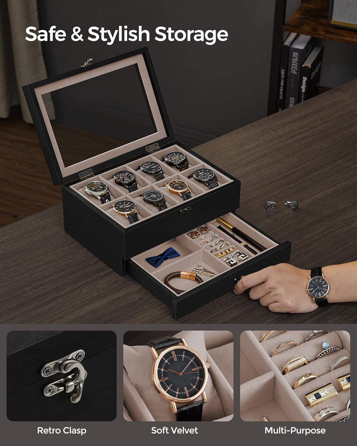 8-Slot Watch Box, 2-Tier Watch Display Case with Large Glass Lid, Removable Watch Pillows, Velvet Lining, Jewelry Box, Gift Idea, Ebony Black UJOW008B01
