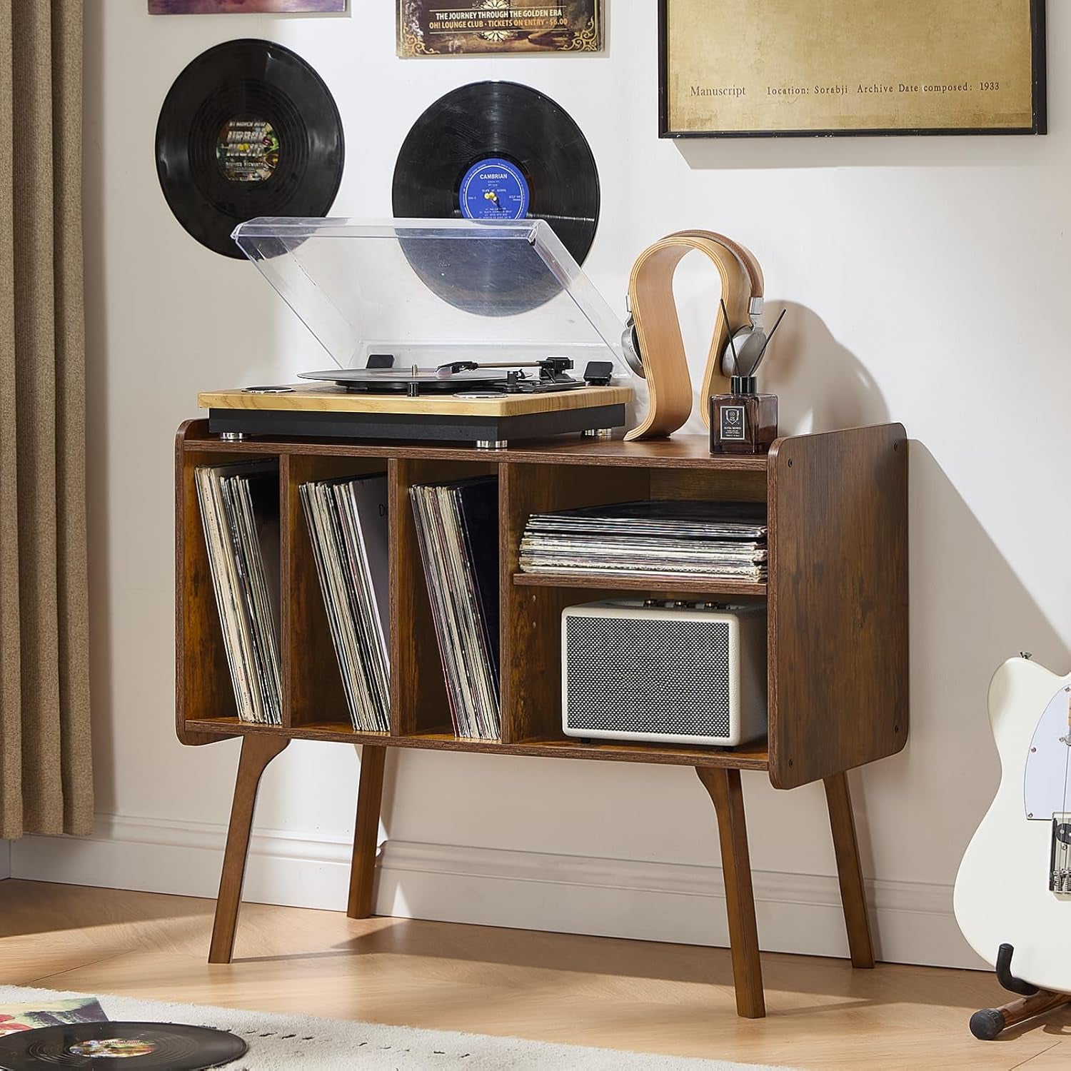 Record Player Stand with 4 Cabinet Holds up to 220 Albums, Large Turntable Stand with Beech Wood Legs, Mid-Century Record Player Table,Brown Vinyl Holder Storage Shelf for Bedroom Living Room