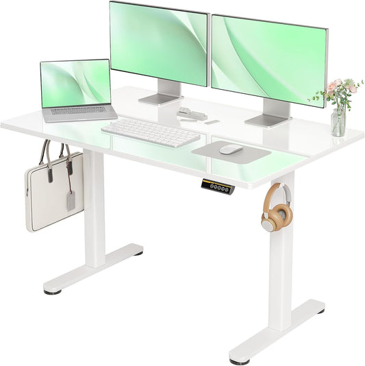 Glass Standing Desk, 48X24 Inch White Standing Desk Adjustable Height Electric Stand up Quick Install for Computer Desks, Super White