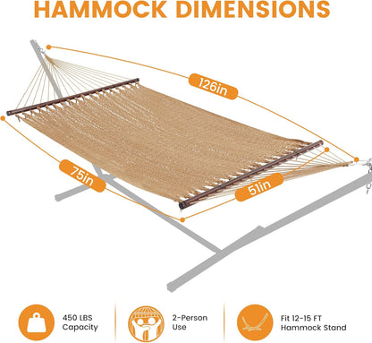 10.5 FT Double 2 Person Caribbean Rope Hammock, Hand Woven Polyester Hammock with Spreader Bars, for outside Outdoor Backyard Patio Poolside, 450 LBS Capacity, Tan