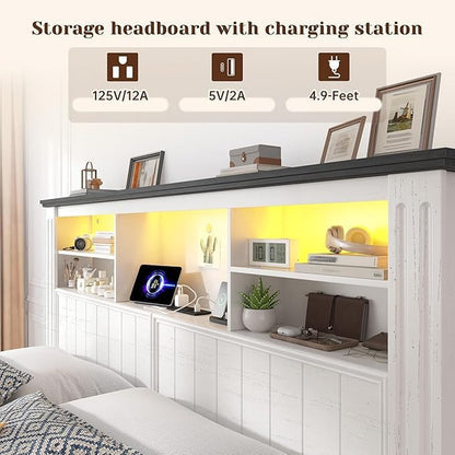 Queen Bed Frame with Headboard and Storage, 4 Drawers and LED Built in Charging Station Bed Frame Queen Size with Storage Farmhouse, NO Noise,No Box Spring Needed, White