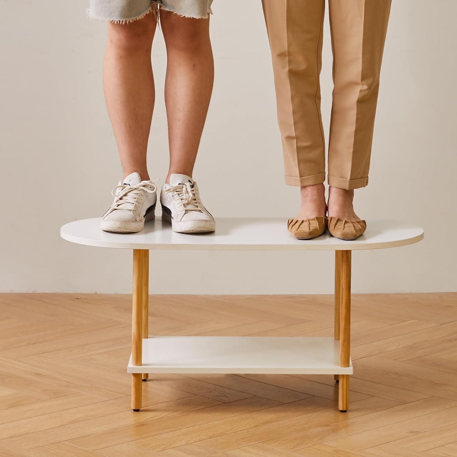 Oval Coffee Table White, Small Wooden Coffee Table for Small Space, Tea Table Stand 35 * 16 * 17 Inches, 2 Tier Center Table for Living Room White YD-012W