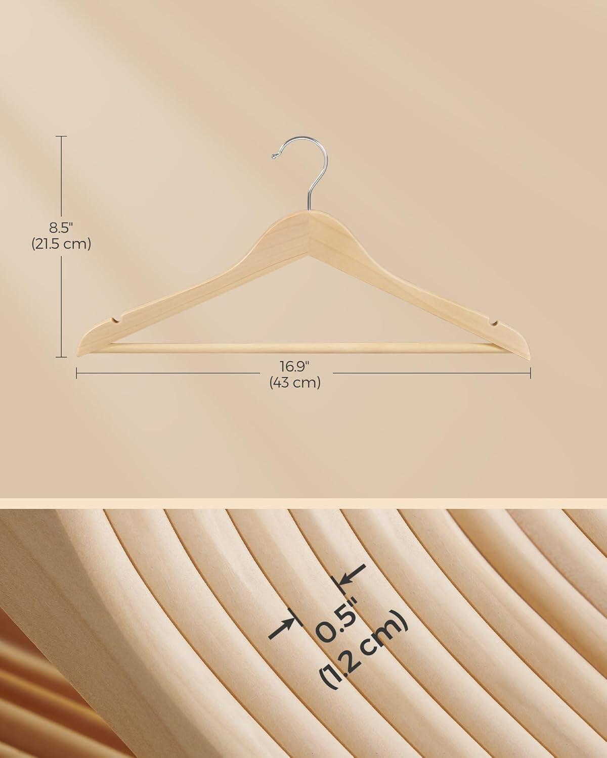 Wooden Hangers, Pack of 24, Coat Hangers, Non-Slip, Pants Bar, 360° Swivel Hooks, for Jackets, Shirts, Coats, Natural Beige UCRW010N24
