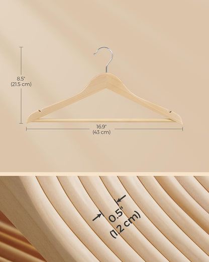 Wooden Hangers, Pack of 24, Coat Hangers, Non-Slip, Pants Bar, 360° Swivel Hooks, for Jackets, Shirts, Coats, Natural Wood UCRW010N24