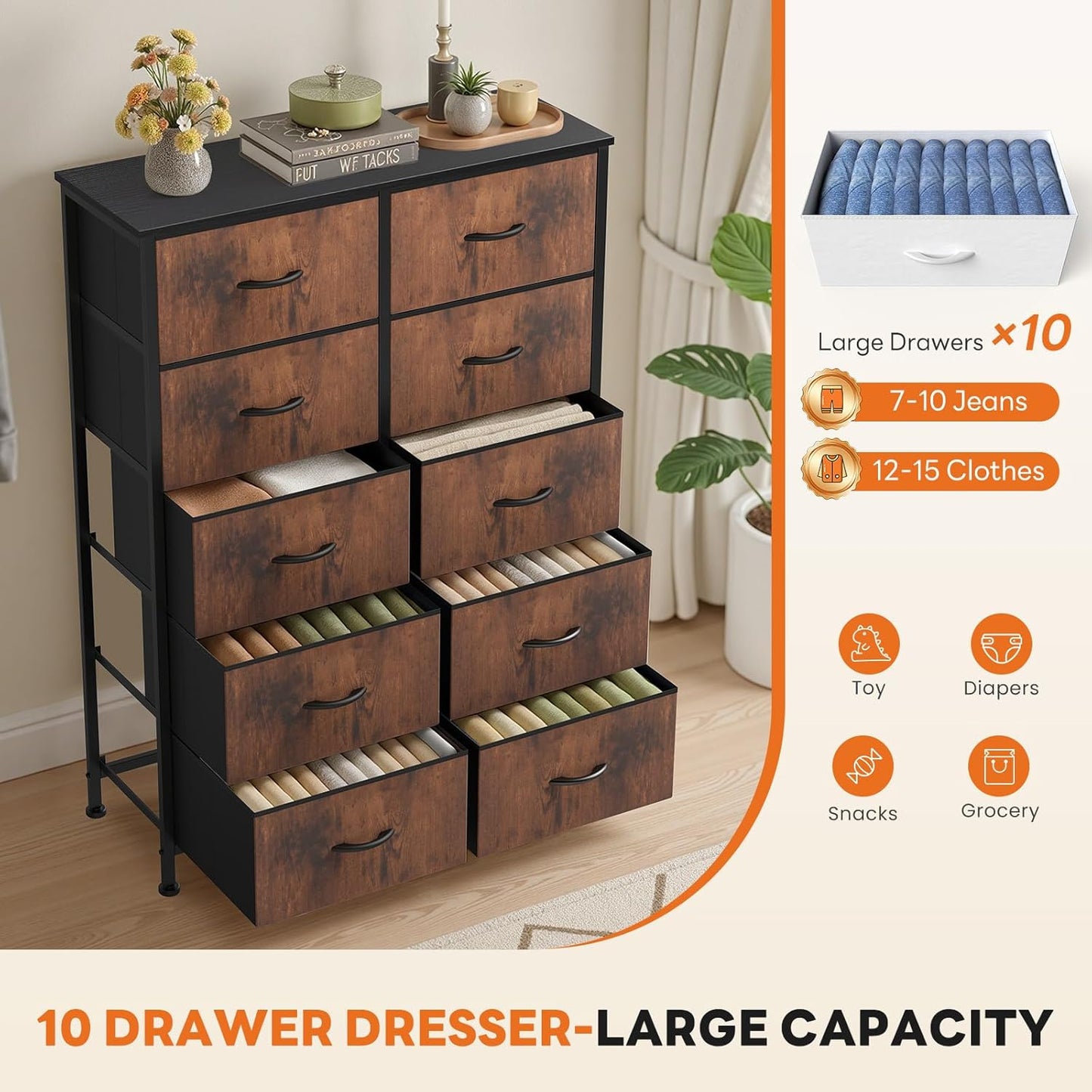 10 Drawer Fabric Dresser Storage Tower with Bins, Tall Chest Organizer for Bedroom Closet Hallway, Steel Frame Wood Top Easy Pull Handles,Black-Brown