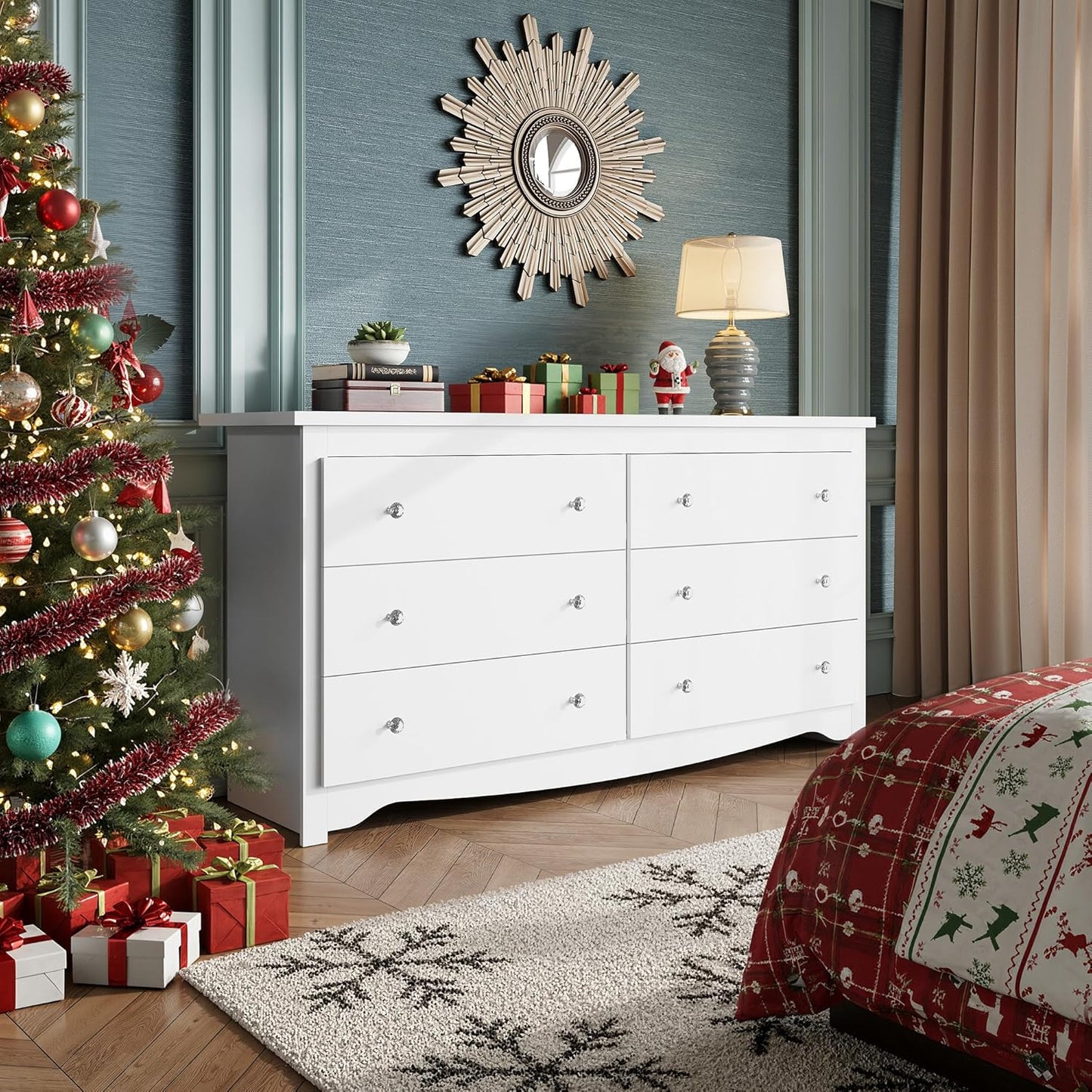 White Dresser with 6 Drawers, 59“ Wide Wooden Chest of Drawers for Bedroom, Modern Dresser Closet Storage Organizer for Living Room Hallway