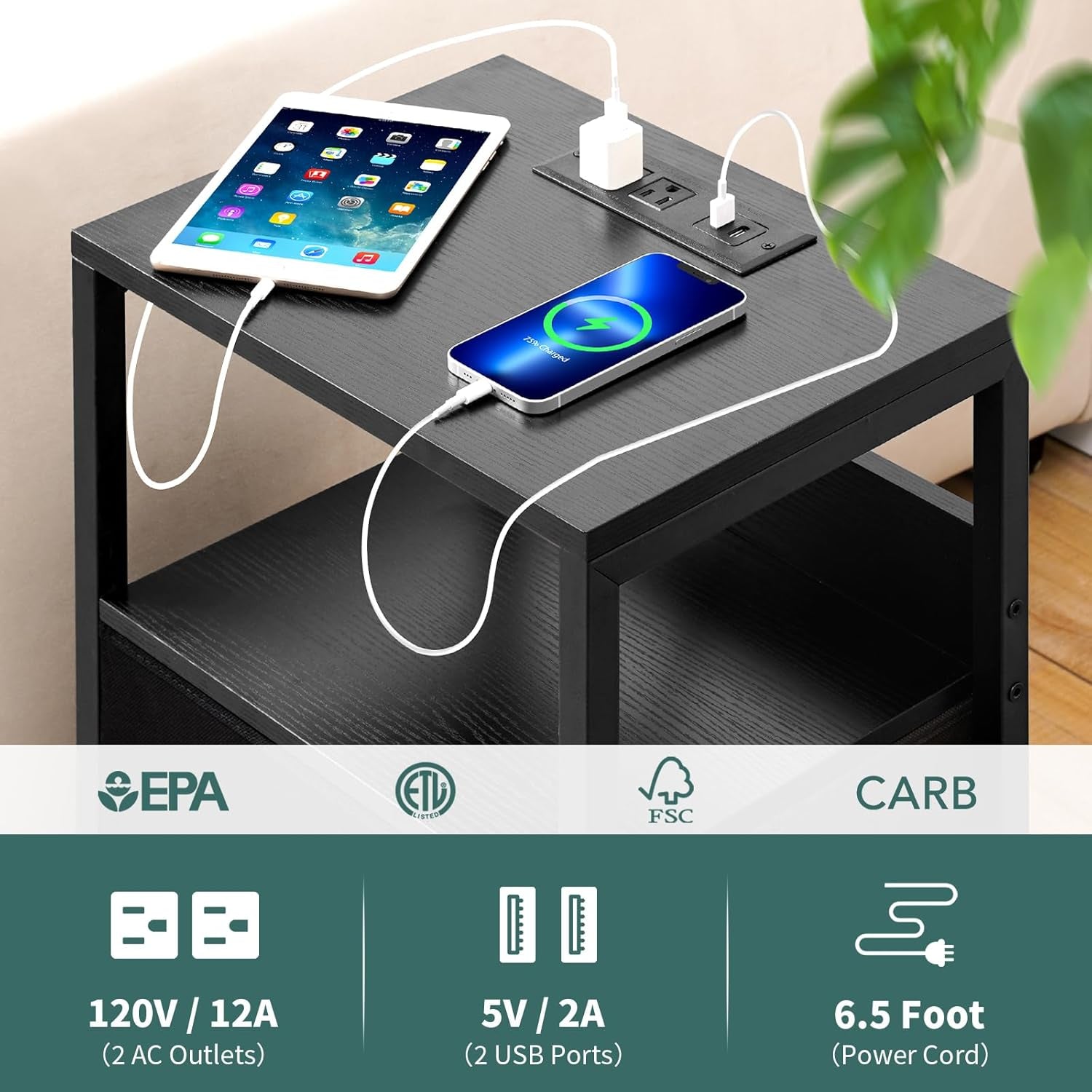 Nightstand with Charging Station, LED Night Stand with Fabric Drawers and Storage Shelf for Bedroom, Nightstands Bedside Tables with USB Ports & Outlets, Small Night Stands, Bed Side Table