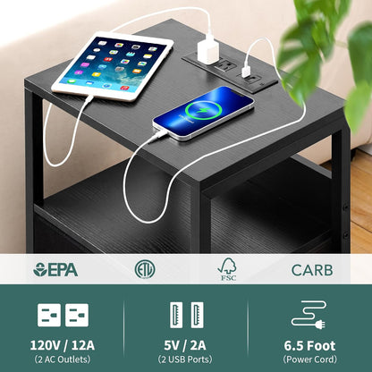 Nightstand with Charging Station, LED Night Stand with Fabric Drawers and Storage Shelf for Bedroom, Nightstands Bedside Tables with USB Ports & Outlets, Small Night Stands, Bed Side Table