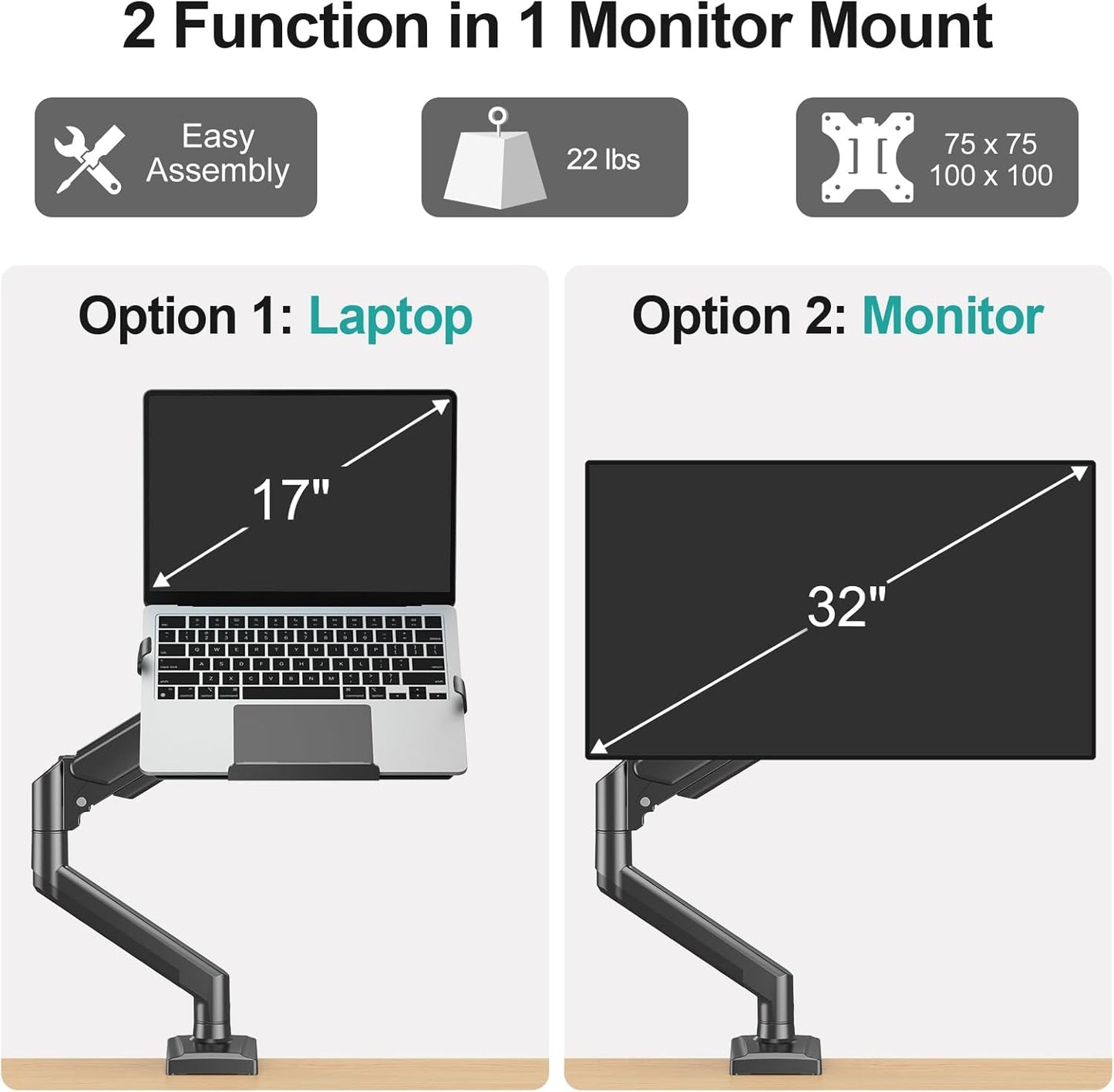 Laptop Arm Mount for Desk, 2 in 1 Function Monitor Laptop Stand, Fits Max 17" Notebook and 32" Computer Screen, Aluminum Single Monitor Holder with Adjustable Tray, Holds up to 22Lbs