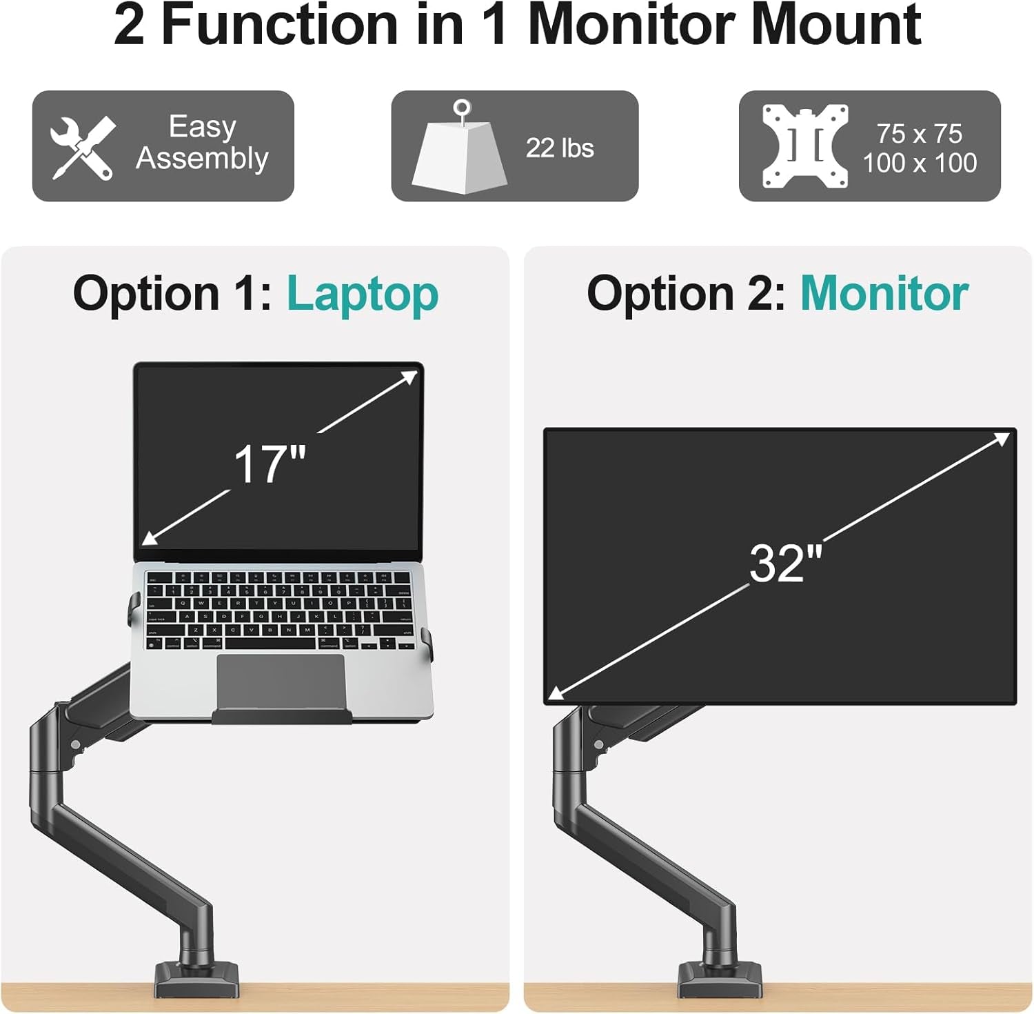 Laptop Arm Mount for Desk, 2 in 1 Function Monitor Laptop Stand, Fits Max 17" Notebook and 32" Computer Screen, Aluminum Single Monitor Holder with Adjustable Tray, Holds up to 22Lbs