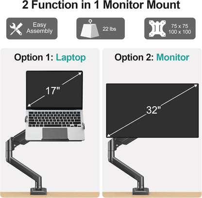 Laptop Arm Mount for Desk, 2 in 1 Function Monitor Laptop Stand, Fits Max 17" Notebook and 32" Computer Screen, Aluminum Single Monitor Holder with Adjustable Tray, Holds up to 22Lbs