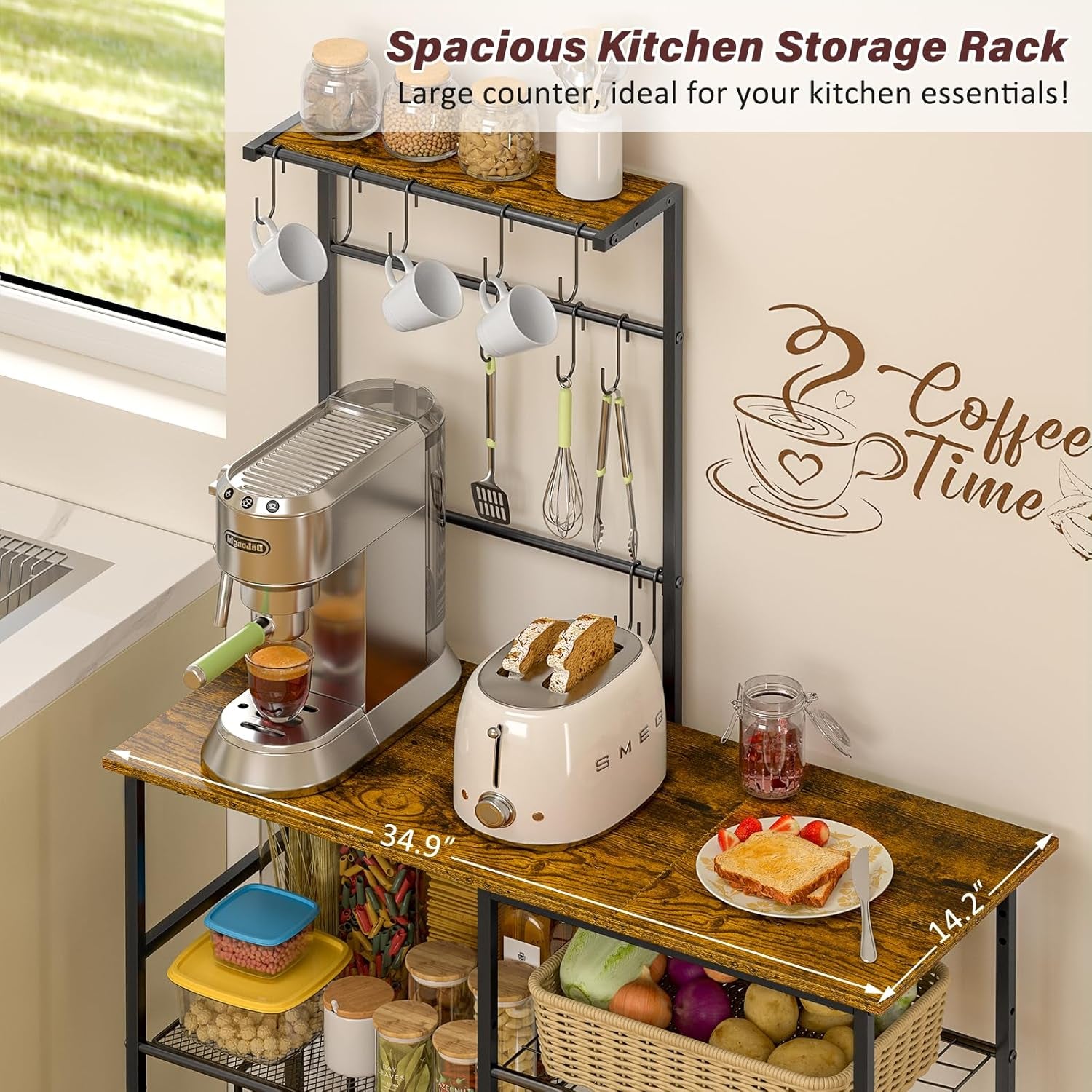 Bakers Rack with Power Outlet, Kitchen Microwave Stand with 10 S-Shaped Hooks, 6-Tier Coffee Bar Station, Kitchen Storage Shelf Rack for Spices, Pots, Rustic Brown