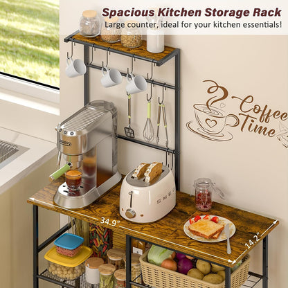 Bakers Rack with Power Outlet, Kitchen Microwave Stand with 10 S-Shaped Hooks, 6-Tier Coffee Bar Station, Kitchen Storage Shelf Rack for Spices, Pots, Rustic Brown