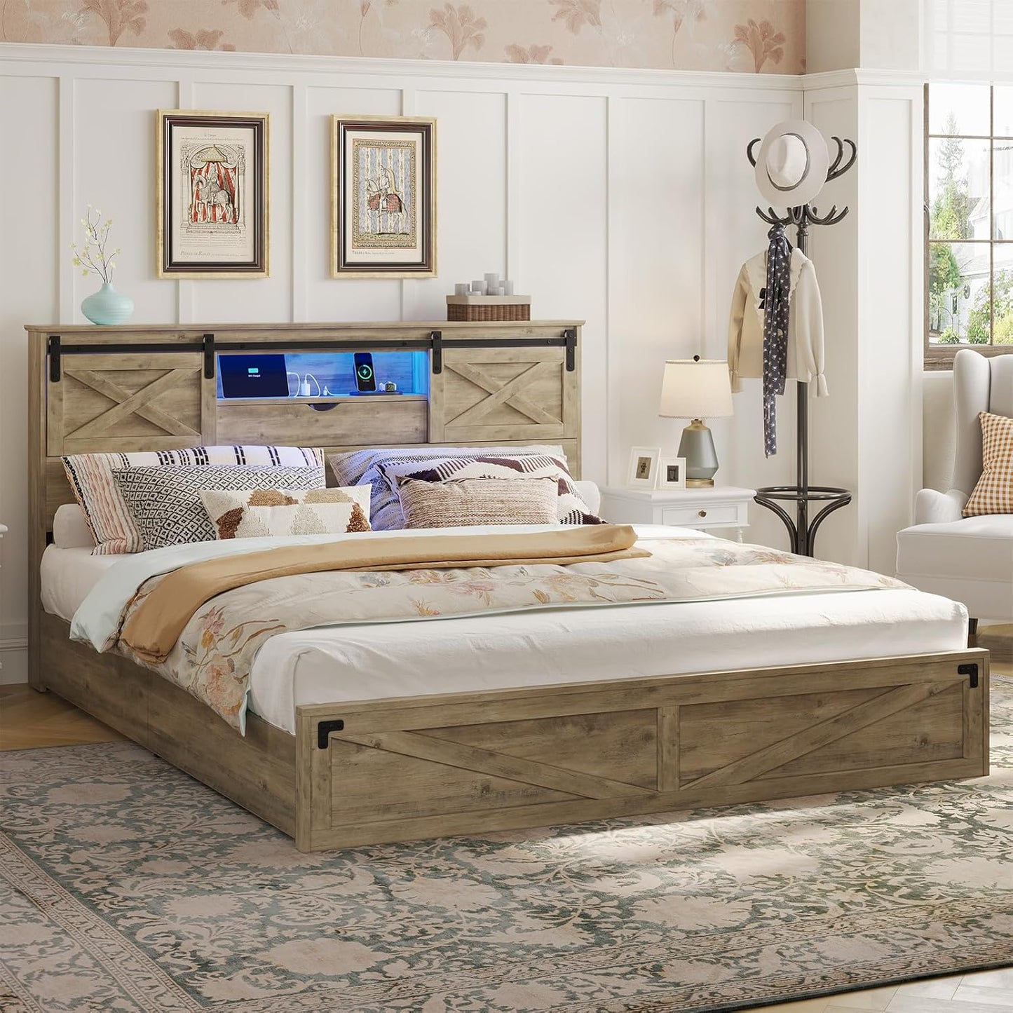 Farmhouse Bed Frame California King Size with Storage Bookcase Headboard, Wooden Cal King Bed with LED Lights, Charging Station, 2 Drawers, Country Rustic Bed Frame with Sliding Barn Door
