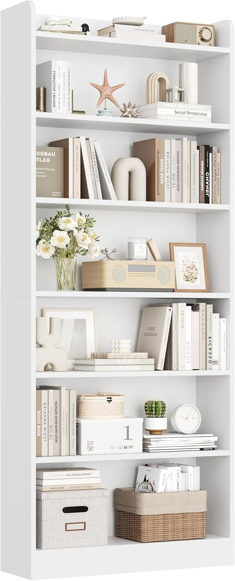 7-Tier Open Bookcase and Bookshelf, Modern Simple Floor Standing Display Storage Shelves with Top Open Compartment for Home Office, Living Room, Bed Room - White