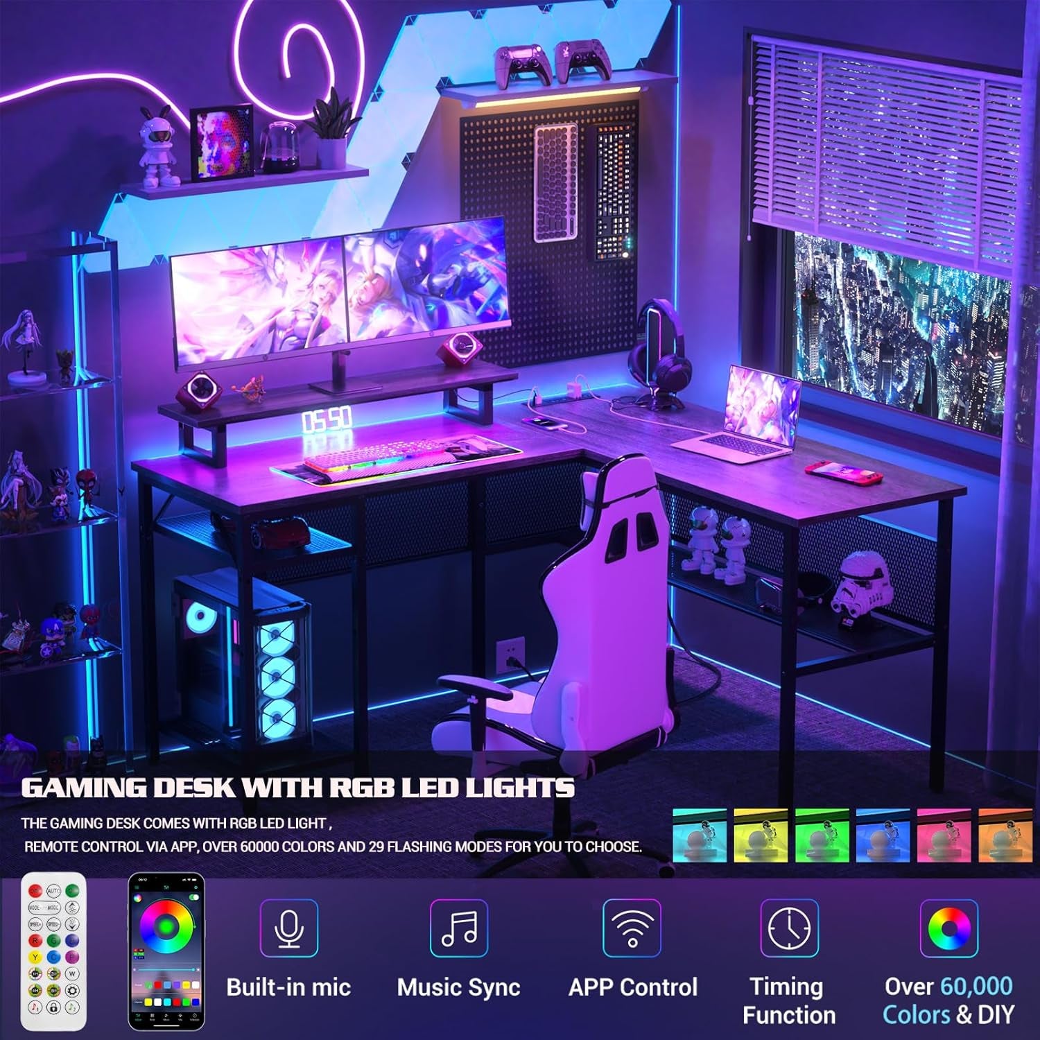 L Shaped Computer Desk with Magic Power Outlets and Smart LED Light, Reversible 55 Inch Corner Office Desk with Monitor Stand, Unique Grid Design, Gaming Table with Storage, Black Oak