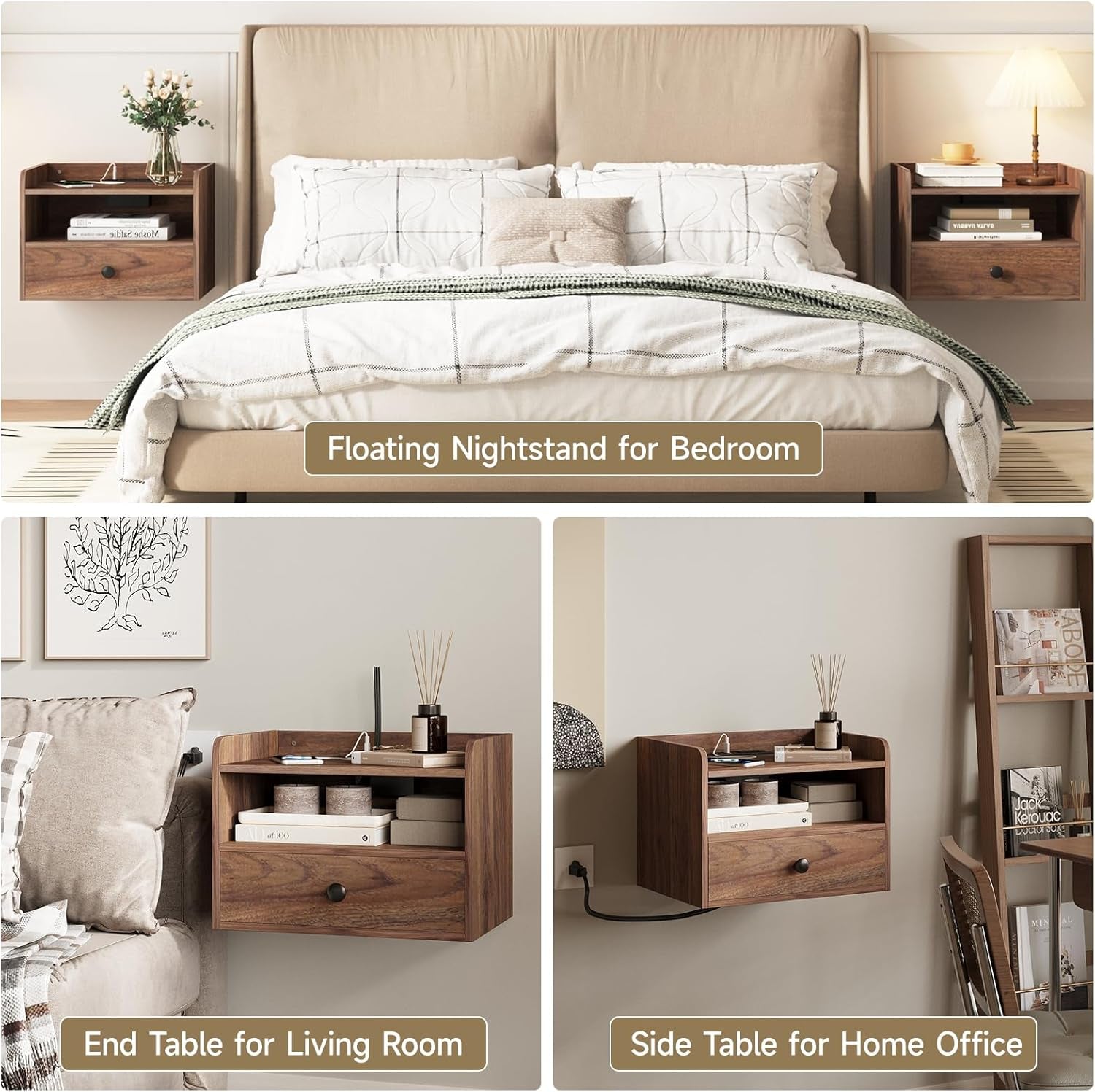 Floating Nightstand Set of 2 Modern Night Stands with Drawer and Open Shelf Cubby Small Bedside End Table with Charging Station Wall Mounted Nightstands Set 2 for Bedroom Brown Walnut