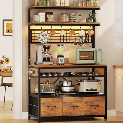 Bakers Rack with Storage and Power Outlet, 35.4 Inch Coffee Bar Cabinet, Microwave Stand Kitchen Cabinet with Hutch, LED Lights, Wine Rack and Hooks, Rustic Brown Rustic Brown
