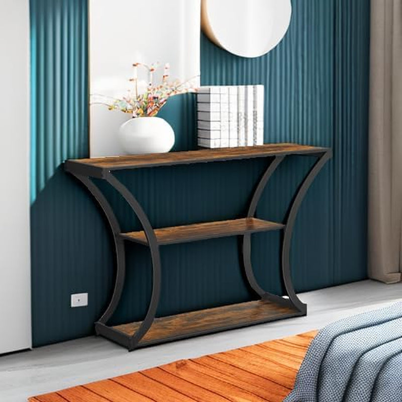 Console Table with Curved Frames and 2 Open Shelves, for Hallway Entryway Living Room, Rustic Brown + Black, 11.8 X 47.2 X 31.5 Inches